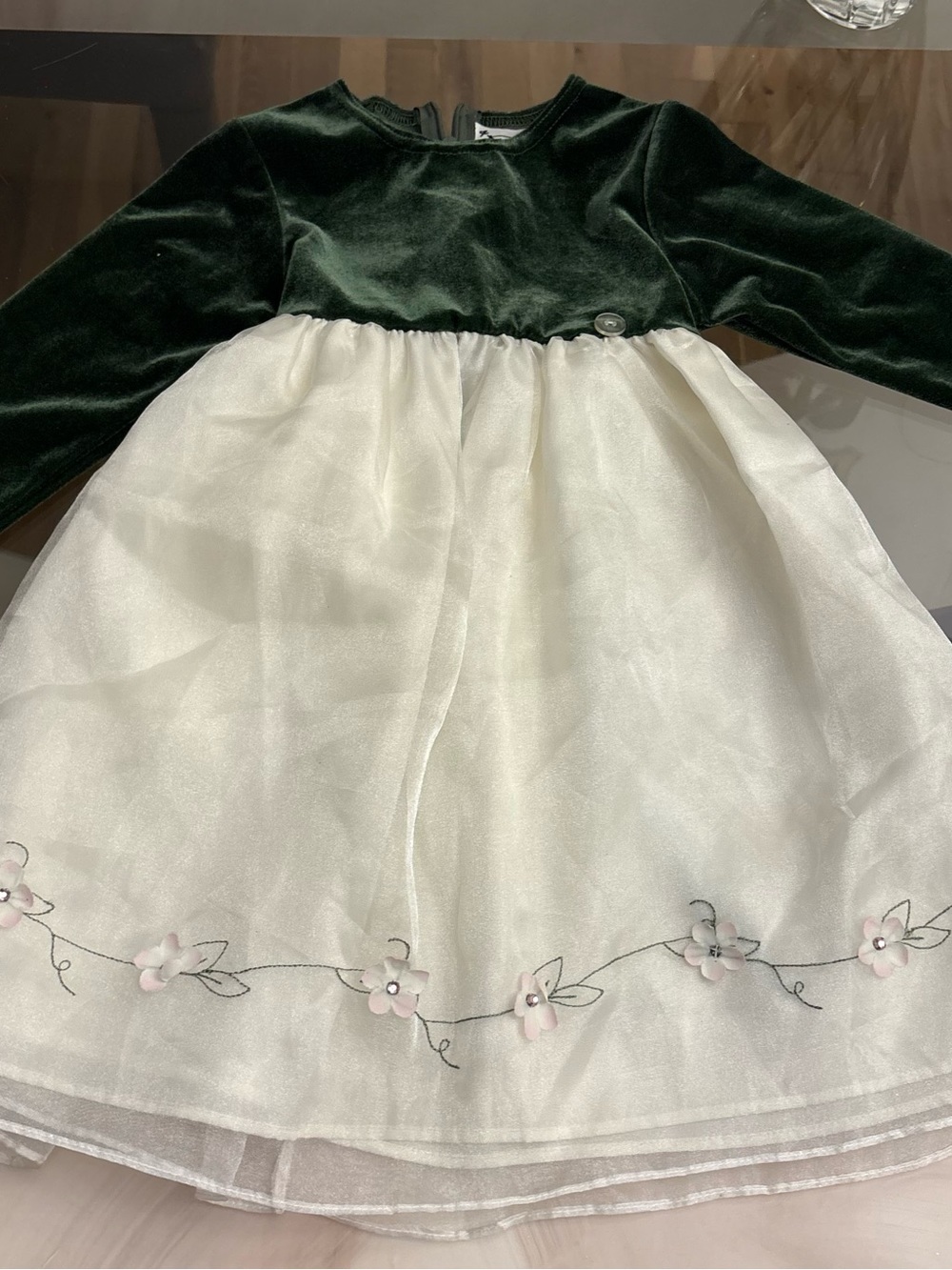 Good Lad Dark Green Velvet Top with Cream Floral Organza Skirt 4T